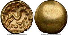 Ancients Celtic EASTERN GAUL. Ambiani. Ca. 59-50 BC. AV stater (17mm, 5.88 gm). NGC Choice VF 5/5 - 4/5. Sills Class 3b, Gallic War issue, ca. 56-55 BC. Blank convex surface / M-shaped disjointed hors