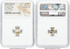 Ancients Greek IONIA. Phocaea. Ca. 477-388 BC. EL sixth stater or hecte (10mm, 2.56 gm). NGC Choice VF 5/5 - 5/5. Forepart of bull running left, seal right above / Quadripartite incuse square. Bodenst