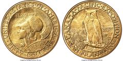 Commemorative Gold 1915-S $50 Panama-Pacific 50 Dollar Round MS65 NGC. California sculptor Robert Aitken chose Minerva, the Roman goddess of wisdom, liberal arts, and commerce, to grace the obverse of