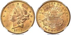 Liberty Double Eagles 1873 $20 Open 3 MS63 NGC. The 1873 Open 3 Liberty double eagle is among the most plentiful Type Two issues in Uncirculated condition, adding to its appeal as a type coin. This sp