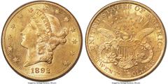 Liberty Double Eagles 1892-CC $20 AU58 PCGS. Variety 1-A. Despite a moderately low mintage of 27,265 pieces, the 1892-CC Liberty double eagle is relatively plentiful among Carson City issues due to a 