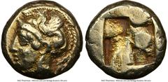 Ancients Greek IONIA. Phocaea. Ca. 477-388 BC. EL sixth-stater or hecte (10mm, 2.53 gm). NGC Choice VF 4/5 - 3/5, brushed. Head of Athena left, wearing crested Attic helmet decorated with griffin; sea