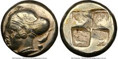 Ancients Greek IONIA. Phocaea. Ca. 477-388 BC. EL sixth-stater or hecte (10mm, 2.54 gm). NGC VF 4/5 - 2/5, marks. Female head left, hair in sphendone, wearing disk earring and beaded necklace; seal do
