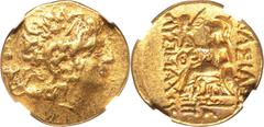 Ancients Greek PONTIC KINGDOM. Mithradates VI Eupator (120-63 BC). AV stater (19mm, 8.35 gm, 1h). NGC Choice XF 4/5 - 4/5. Late posthumous issue in name and types of Lysimachus of Thrace, Tomis, perio