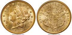 Liberty Double Eagles 1875-CC $20 MS62 NGC. Variety 2-B. There are at least 16 die marriages of 1875-CC twenties, which suggests that dies of different denominations were frequently swapped in and out