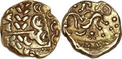 CELTIC BRITAIN. The Corieltauvi. Ca. 55-45 BC. AV stater (7.13 gm). Disjointed and abstract laureate head of Apollo right / Disjointed horse left with sunflower below horse. Van Arsdell 805-9. Well st