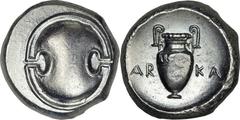 Thebes. Ca. 395-338 BC. AR stater (12.34 gm). Boeotian shield / AR - KA on either side of volute amphora, all within incuse circle. Head, Boeotia p. 64. SNG Copenhagen 318 (same rev. die). BCD Boiotia