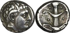 CYRENAICA. Cyrene. Ca. 300-280 BC. AR stater (7.57 gm). Head of Apollo Carneios left / Silphium plant, KY to left, P[A] to right. SNG Copenhagen 1234. An attractive toned very fine. From the BVH Colle