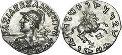 INDO-GREEK KINGDOMS. Philoxenus (ca. 100-95 BC). AR Indic tetradrachm (9.82 gm). BAΣIΛEΩΣ ANIKHTOY ΦIΛOΞENOY, helmeted and diademed bust of Philoxenus left, wearing aegis over left shoulder and hurlin