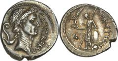 Julius Caesar as Dictator (49-44 BC). AR denarius (3.77 gm). Moneyer M. Mettius, March, 44 BC. CAESAR IMP, laureate head of Caesar right, lituus over culullus behind / M. METTIVS, Venus standing left,