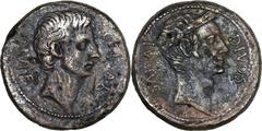Octavian and Julius Caesar (42-27 BC). AE 'sestertius' (17.50 gm). Uncertain mint in northern Italy, ca. 39 BC. CAESAR DIVI F, bare head of Octavian right / DIVOS IVLIVS, laureate head of Julius Caesa
