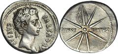Augustus (27 BC-AD 14). AR denarius (3.75 gm). Spain, Caesaraugusta, ca. 19-18 BC. CAESAR AVGVSTVS, head of Augustus right wearing Corona Civica (oak wreath) / DIVVS IVLIVS, eight-rayed comet (the 'Ju