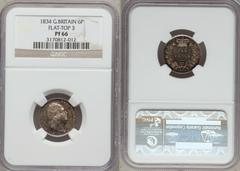 William IV Proof Sixpence 1834, S3836, KM712, reeded edge Proof of Record, PR66 NGC, extremely rare, a superb piece with highly reflective, "watery" mirrored fields. This wonderful coin appeared at au