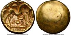 Ancients Celtic EASTERN GAUL. Ambiani. Ca. 59-50 BC. AV stater (16mm, 5.82 gm). NGC Choice VF 4/5 - 4/5. Sills Class 3b, Gallic War issue, ca. 56-55 BC. Blank convex surface / M-shaped disjointed hors
