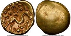 Ancients Celtic EASTERN GAUL. Ambiani. Ca. 59-50 BC. AV stater (18mm, 5.84 gm). NGC XF 4/5 - 4/5. Sills Class 3b, Gallic War issue, ca. 56-55 BC. Blank convex surface / M-shaped disjointed horse right