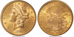 Liberty Double Eagles 1880-S $20 MS61 NGC. Small Squat S mintmark. The 800,000+ mintage makes the 1880-S an obtainable S-mint double eagle. Repatriated coins from foreign holdings swell the population