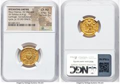 Ancients Byzantine Maurice Tiberius (AD 582-602). AV solidus (19mm, 4.41 gm, 6h). NGC Choice AU 5/5 - 5/5. Carthage, dated Indictional Year 13 (AD 594-5). D N mAVRI-C Tb PP AV AN IΓ (Indictional year 
