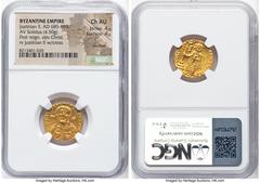 Ancients Byzantine Justinian II, First Reign (AD 685-695). AV solidus (19mm, 4.50 gm, 7h). NGC Choice AU 4/5 - 4/5, brushed. Constantinople, 7th officina, AD 692-695. IhS CRIStDS RЄX-RЄϚNANtIЧM, half-
