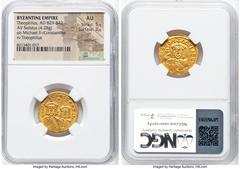 Ancients Byzantine Theophilus (AD 829-842). AV solidus (21mm, 4.28 gm, 6h). NGC AU 5/5 - 3/5, brushed. Constantinople, AD 830/1-840. *ΘЄOFI-LOS bASILЄ Θ, bust of Theophilus facing, with short beard, w