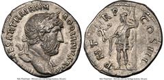Ancients Roman Imperial Hadrian (AD 117-138). AR denarius (18mm, 7h). NGC XF, scratches. Rome, ca. AD 119-122. IMP CAESAR TRAIAN H-ADRIANVS AVG, laureate head of Hadrian right, slight drapery visible 