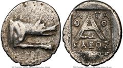 Ancients Greek ARGOLIS. Argos. Ca. after 125 BC. AR triobol (16mm, 11h). NGC VF, marks. Agathocleus, magistrate, ca. 80s-50s BC. Forepart of wolf at bay right / A-ΓA / Θ-O / KΛEOΣ, in three lines arou