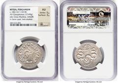Ancients Greek MYSIA. Pergamum. Ca. 180/167-133 BC. AR cistophorus (29mm, 12.69 gm, 12h). NGC AU 5/5 - 3/5. Serpent arising from cista mystica; all within ivy wreath / Bow in bow case decorated with a