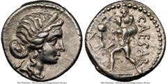 Ancients Roman Republic Julius Caesar, as Dictator (49-44 BC). AR denarius (17mm, 3.87 gm, 5h). NGC XF 4/5 - 4/5. Military mint traveling with Caesar in North Africa, ca. 48-46 BC. Head of Venus right
