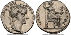Ancients Roman Imperial Tiberius (AD 14-37). AR denarius (17mm, 3.72 gm, 4h). NGC XF 4/5 - 3/5. Lugdunum, ca. AD 18-35. TI CAESAR DIVI-AVG F AVGVSTVS, laureate head of Tiberius right / PONTIF-MAXIM, L