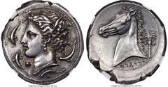 Ancients Greek Ancients SICILY. Siculo-Punic. Ca. 320-300 BC. AR tetradrachm (28mm, 17.11 gm, 7h). NGC Choice XF 5/5 - 4/5, Fine Style, brushed. Head of Arethusa left, wreathed with reeds, wearing bea
