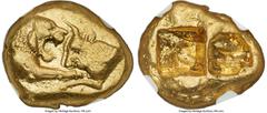 Ancients Greek LYDIAN KINGDOM. Croesus (561-546 BC). AV stater (17mm, 10.77 gm). NGC Choice AU 5/5 - 5/5. Croeseid "heavy" standard, Sardes, ca. 561-550 BC. Confronted foreparts of lion right and bull
