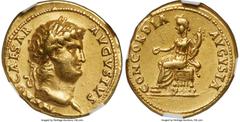 Ancients Roman Imperial Nero, as Augustus (AD 54-68). AV aureus (19mm, 7.35 gm, 7h). NGC Choice XF 5/5 - 3/5, Fine Style. Rome, AD 64-65. NERO CAESAR-AVGVSTVS, laureate head right / CONCORDIA-AVGVSTA,