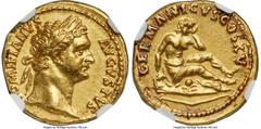 Ancients Roman Imperial Domitian, as Augustus (AD 81-96). AV aureus (19mm, 7.71 gm, 7h). NGC AU 5/5 - 2/5, Fine Style, ex-jewelry. Rome, AD 90-91. DOMITIANVS-AVGVSTVS, laureate head of Domitian right 