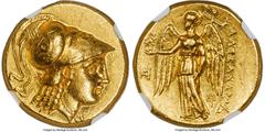Ancients Greek MACEDONIAN KINGDOM. Alexander III the Great (336-323 BC). AV stater (18mm, 8.52 gm, 11h). NGC Choice AU 5/5 - 3/5. Late lifetime or early posthumous issue, Miletus, ca. 323-319 BC. Head