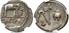 Ancients Roman Republic Julius Caesar, as Dictator (49-44 BC). AR denarius (18mm, 3.97 gm, 5h). NGC AU 4/5 - 5/5. Military mint traveling with Caesar in northern Italy, ca. 49-48 BC. CAESAR, elephant 