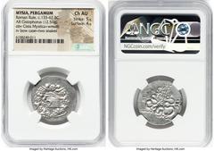 Ancients Greek MYSIA. Pergamum. Roman Rule (ca. 133-67 BC). AR cistophorus (26mm, 12.51 gm, 12h). NGC Choice AU 5/5 - 4/5. Ca. 85-76 BC. Serpent arising from cista mystica; all within ivy wreath / Bow