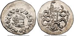 Ancients Greek MYSIA. Pergamum. Ca. 180/167-133 BC. AR cistophorus (26mm, 12.60 gm, 12h). NGC Choice XF 5/5 - 4/5. Serpent arising from cista mystica; all within ivy wreath / Bow in bow case decorated