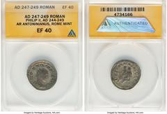 Ancients Roman Imperial Philip II, as Augustus (AD 247-249). AR antoninianus (22mm, 1h). ANACS XF 40. Rome, AD 247-249. IMP PHILIPPVS AVG, radiate, draped and cuirassed bust of Philip II right, seen f
