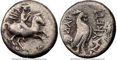 Ancients Greek TROAS. Dardanus. Ca. 4th century BC. AR triobol (13mm, 2.30 gm, 6h). NGC Choice Fine 5/5 - 2/5, brushed. Glaucetas, magistrate. Warrior trotting on horseback right, wearing petasus / ΔA