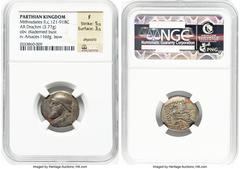Ancients Greek PARTHIAN KINGDOM. Mithradates II (ca. 121-91 BC). AR drachm (20mm, 3.77 gm, 11h). NGC Fine 5/5 - 3/5, deposits. Rhagae or Ecbatana, ca. 109-96/5 BC. Diademed, draped bust of Mithradates