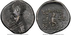 Ancients Greek PARTHIAN KINGDOM. Sinatruces (ca. 93-69 BC). AR drachm (19mm, 3.94 gm, 11h). NGC XF 5/5 - 4/5. Rhagae. Diademed bust of Sinatruces left, wearing tiara ornamented with horn and row of st