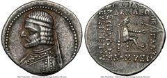 Ancients Greek PARTHIAN KINGDOM. Arsaces XVI (ca. 78-62/1 BC). AR drachm (21mm, 4.05 gm, 12h). NGC Choice VF 4/5 - 4/5, die shift. Diademed, draped bust of Arsaces XVI left, with beard and torque endi
