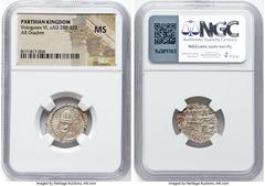 Ancients Greek PARTHIAN KINGDOM. Vologases VI (AD 207-222). AR drachm (20mm, 12h). NGC MS. Ecbatana. Diademed bust of Vologases VI left, wearing pointed beard and domed tiara; I) in right field / Corr