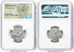 Ancients Greek INDO-SCYTHIAN KINGDOM. Azes I/II (ca. 58-12 BC). AR tetradrachm (22mm, 11h). NGC Fine. Taxila. BAΣIΛEΩΣ BAΣIΛEΩN MEΓAΛOY AZOY, Azes, in military dress, advancing right on horseback, goa