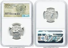 Ancients Greek INDO-SCYTHIAN KINGDOM. Azes I/II (ca. 58-12 BC). AR tetradrachm (24mm, 6h). NGC Fine. Taxila. BAΣIΛEΩΣ BAΣIΛEΩN MEΓAΛOY AZOY, Azes, in military dress, advancing right on horseback, goad