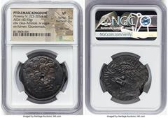 Ancients Greek PTOLEMAIC EGYPT. Ptolemy IV Philopator (222-205/4 BC). AE triobol (34mm, 43.93 gm, 10h). NGC VF 3/5 - 3/5, flan flaw, countermark. Alexandria, Series 5F. Head of Zeus right, wearing tae