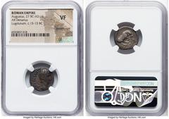 Ancients Roman Imperial Augustus (27 BC-AD 14). AR denarius (18mm, 4h). NGC VF, bankers mark. Lugdunum, ca. 15-13 BC. AVGVSTVS-DIVI•F, bare head of Augustus right / IMP•X, bull charging right, head lo