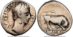 Ancients Roman Imperial Augustus (27 BC-AD 14). AR denarius (18mm, 6h). NGC VG, bankers marks. Lugdunum, ca. 15-13 BC. AVGVSTVS-DIVI•F, bare head of Augustus right / IMP•X, bull charging right, head l