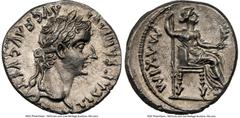 Ancients Roman Imperial Tiberius (AD 14-37). AR denarius (18mm, 3.85 gm, 1h). NGC MS 4/5 - 3/5, brushed. Lugdunum, ca. AD 15-18. TI CAESAR DIVI-AVG F AVGVSTVS, laureate head of Tiberius right / PONTIF