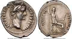 Ancients Roman Imperial Tiberius (AD 14-37). AR denarius (19mm, 3.72 gm, 7h). NGC XF 4/5 - 4/5. Lugdunum, ca. AD 18-35. TI CAESAR DIVI-AVG F AVGVSTVS, laureate head of Tiberius right / PONTIF-MAXIM, L