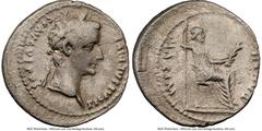 Ancients Roman Imperial Tiberius (AD 14-37). AR denarius (19mm, 3.53 gm, 6h). NGC Choice Fine 3/5 - 2/5. Lugdunum, ca. AD 15-18. TI CAESAR DIVI-AVG F AVGVSTVS, laureate head of Tiberius right / PONTIF